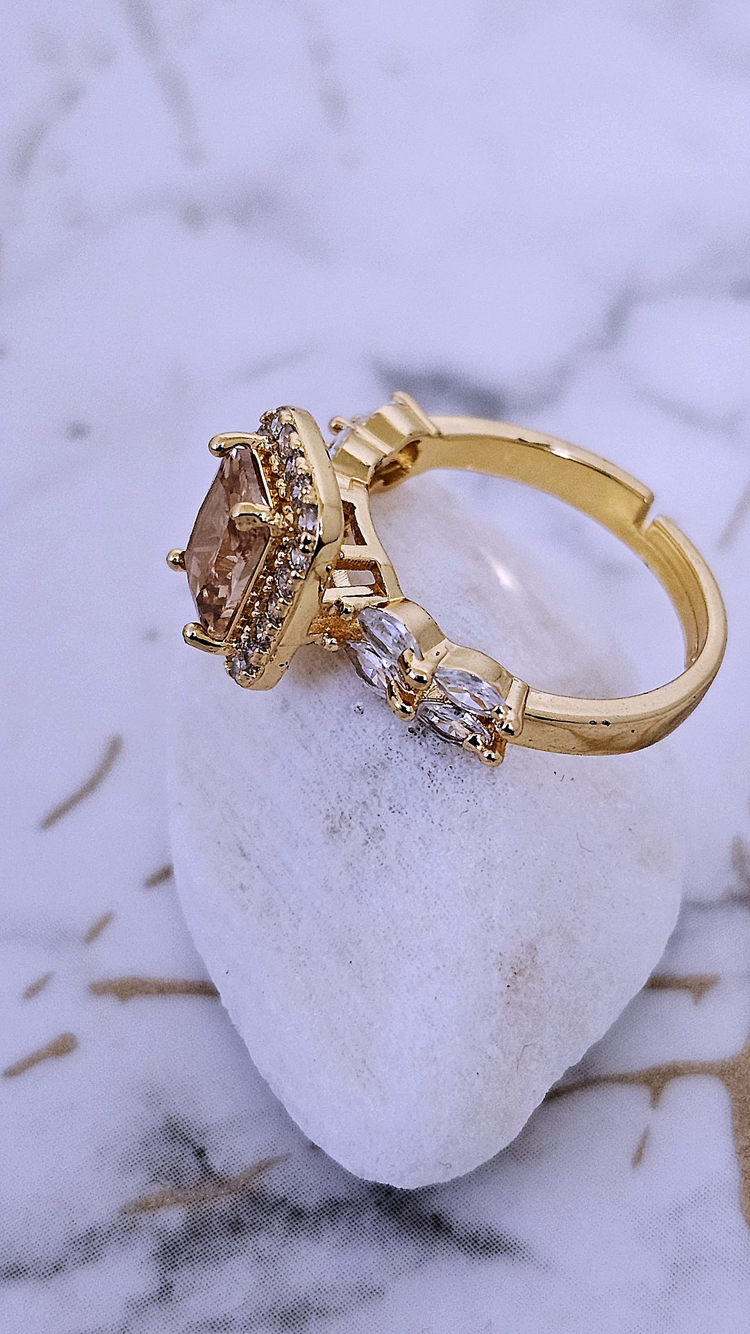 Cushion Cut Champagne Cubic Zirconia Halo Ring with Marquise Crystal Accents - Artificial Yellow Gold